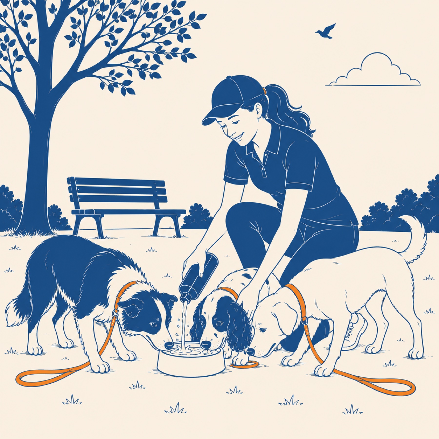 DogWalkingHQ walker giving three dogs a water break in the park