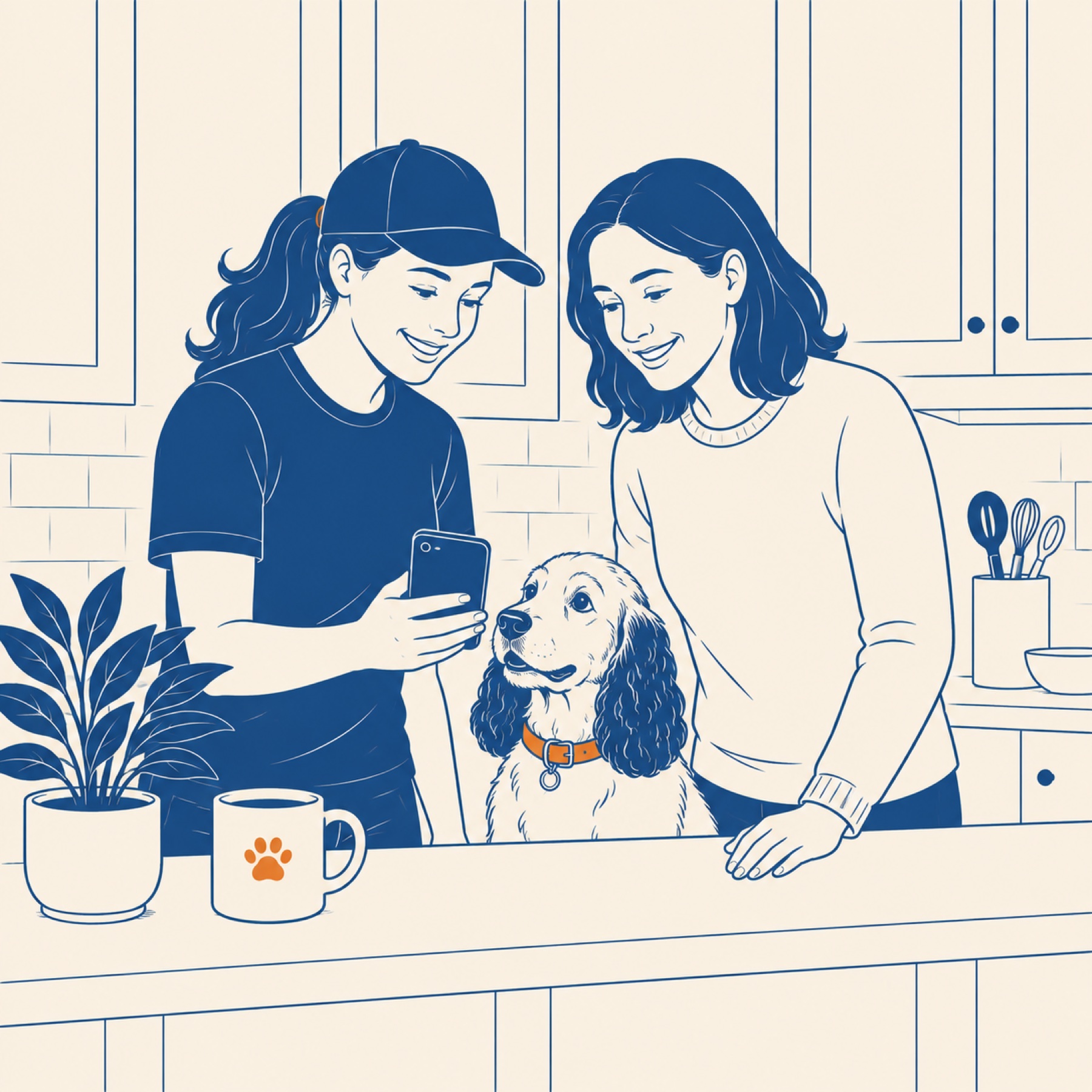 DogWalkingHQ walker showing a phone update to a dog owner at their kitchen island