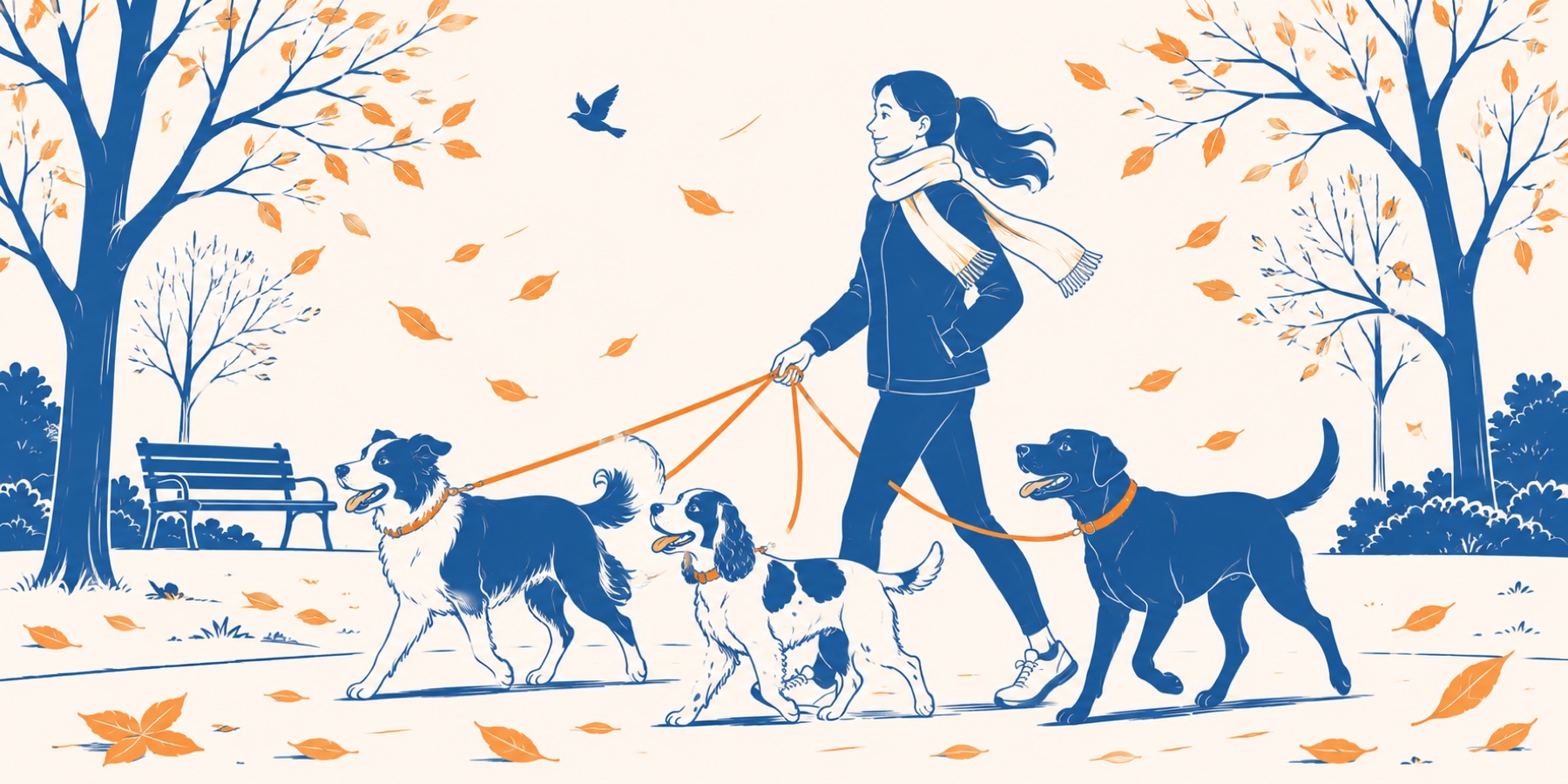 DogWalkingHQ walker striding through an autumn park with three dogs on orange leads