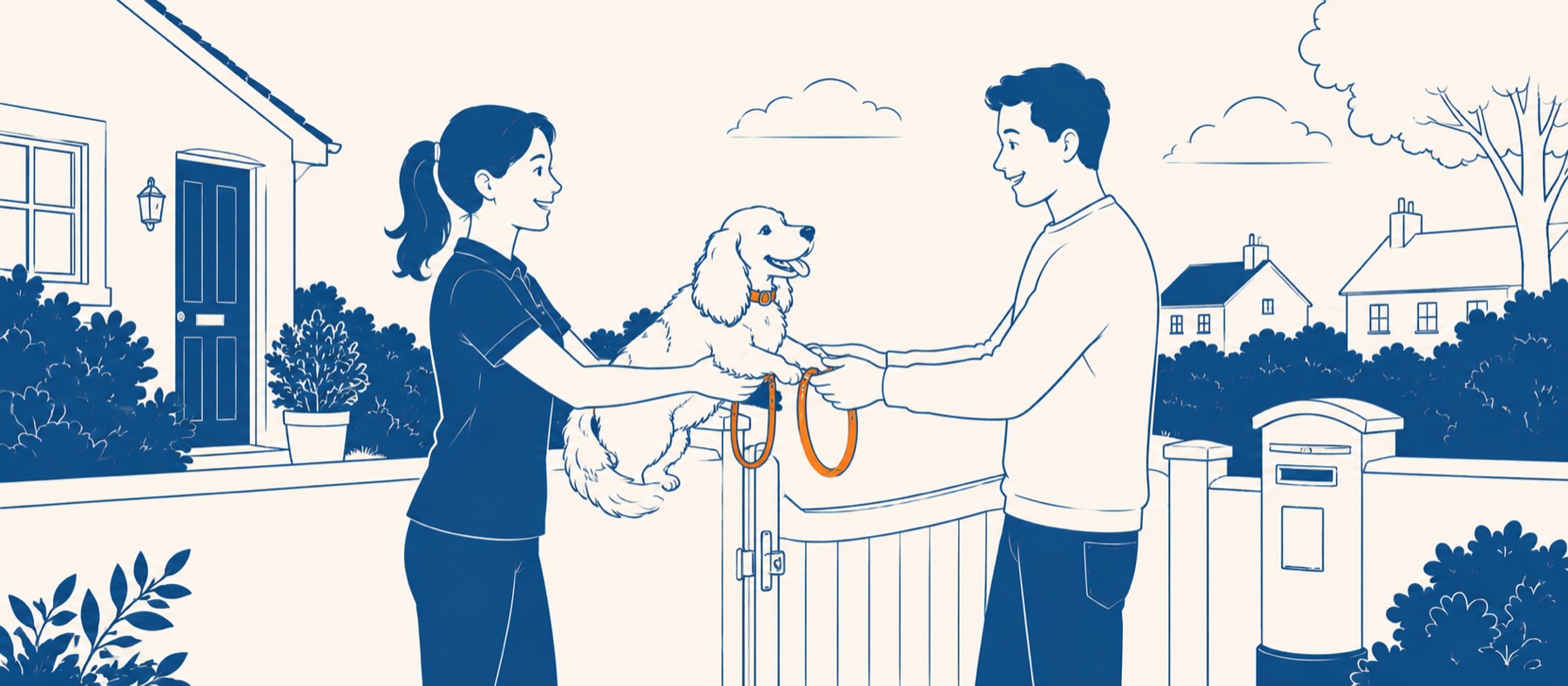 DogWalkingHQ walker handing a dog back to its owner at the front gate