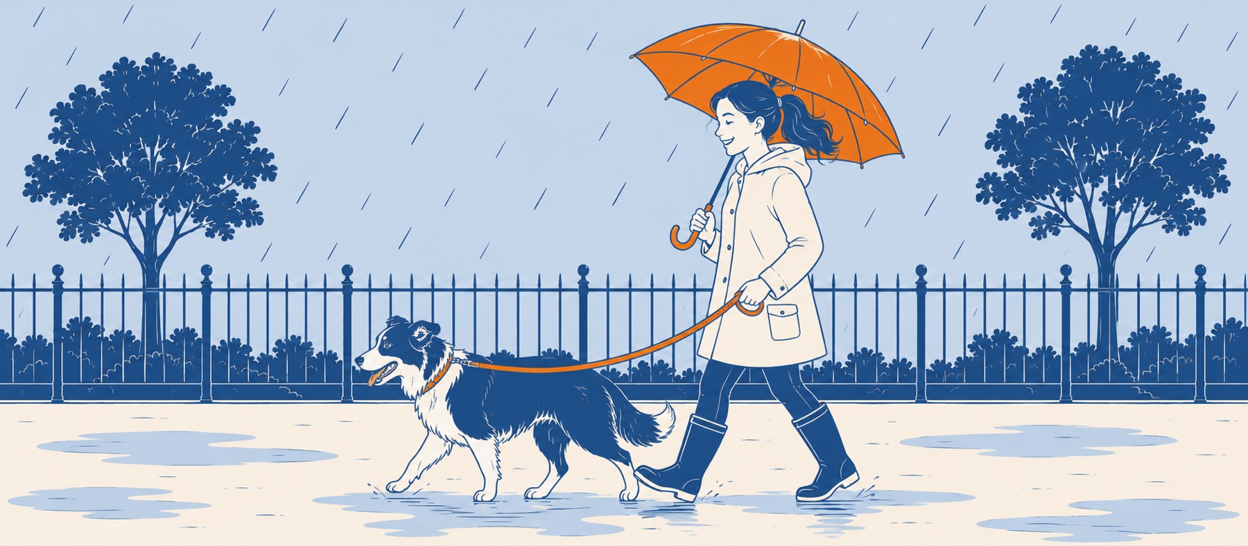 DogWalkingHQ walker in wellies walking two dogs through the rain under an orange umbrella