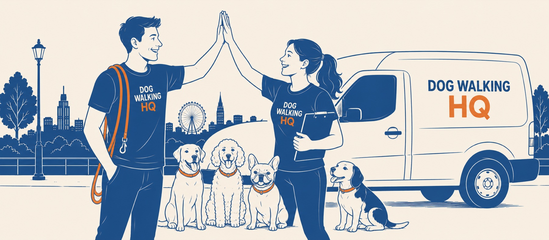 Two DogWalkingHQ dog walkers with their branded vans, walking eight dogs together
