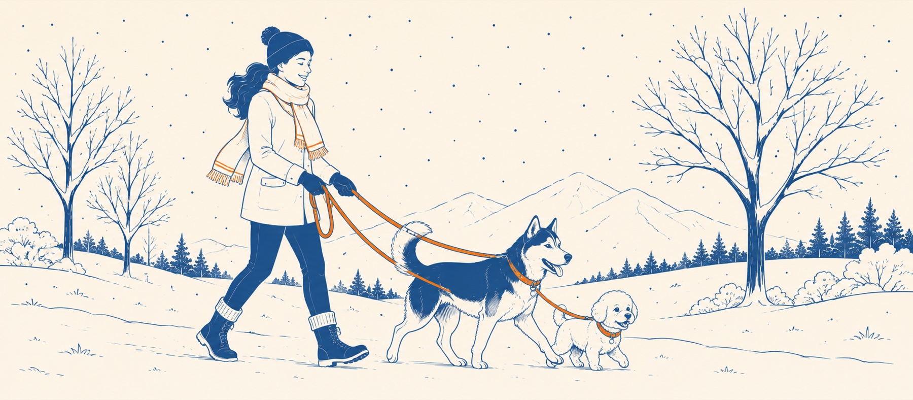 DogWalkingHQ walker in beanie and scarf leading a Husky and Bichon through gentle snowfall