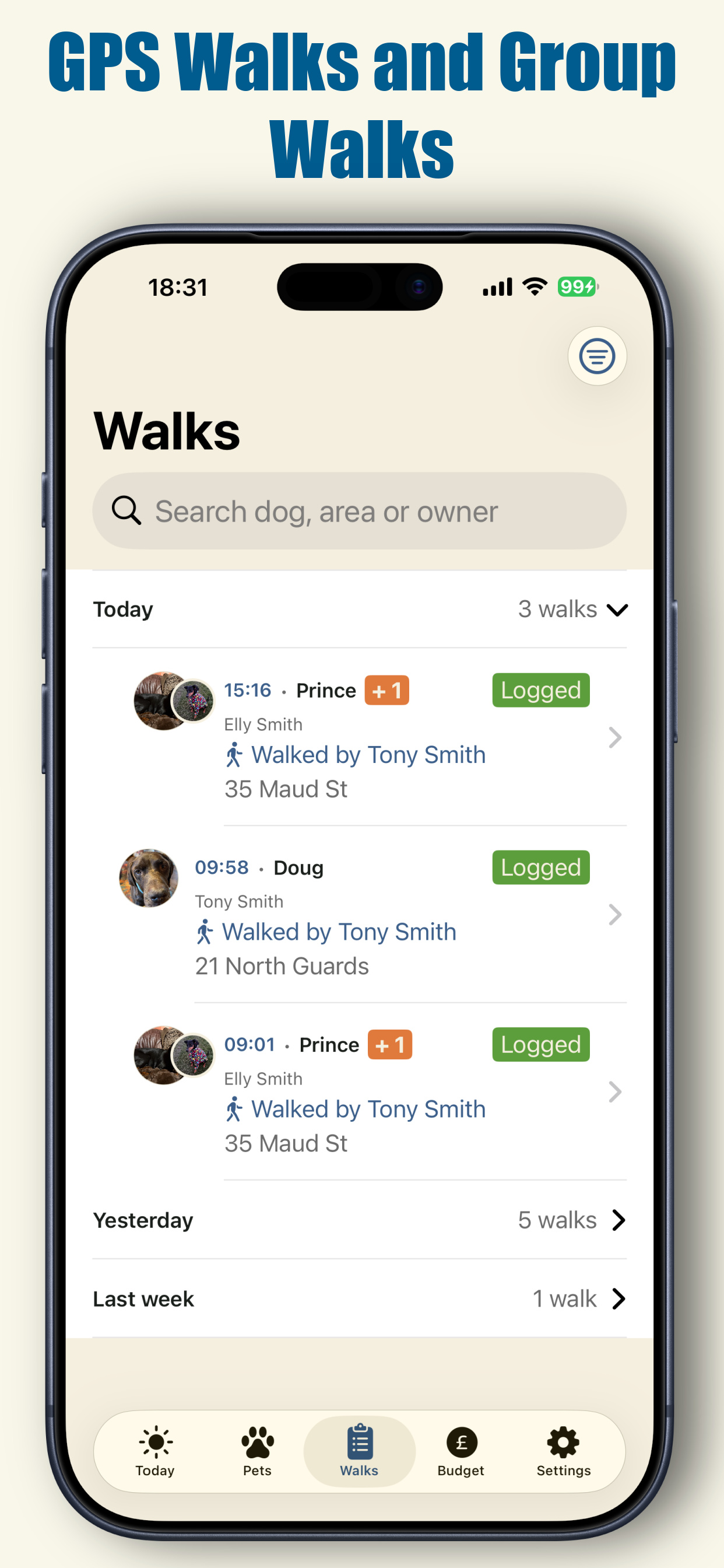 Walks list with GPS and group walks
