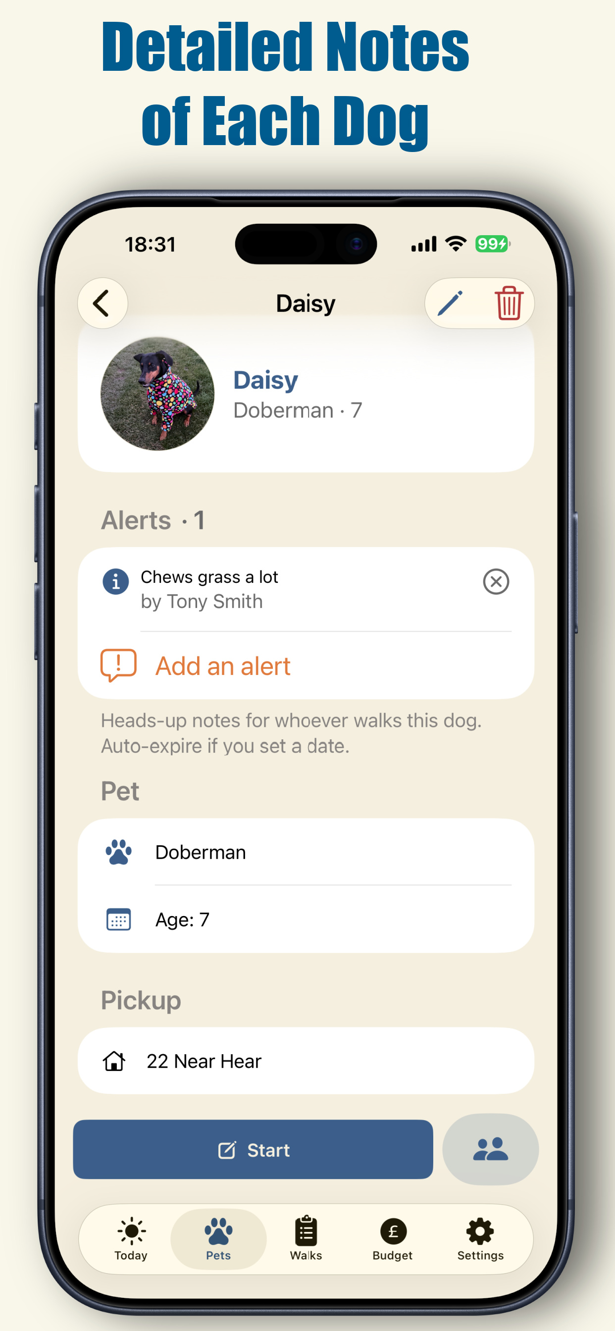 Pet detail with alerts and notes