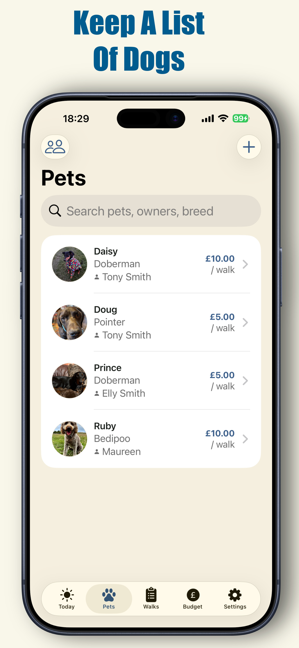 Pets list with breeds and per-walk rates