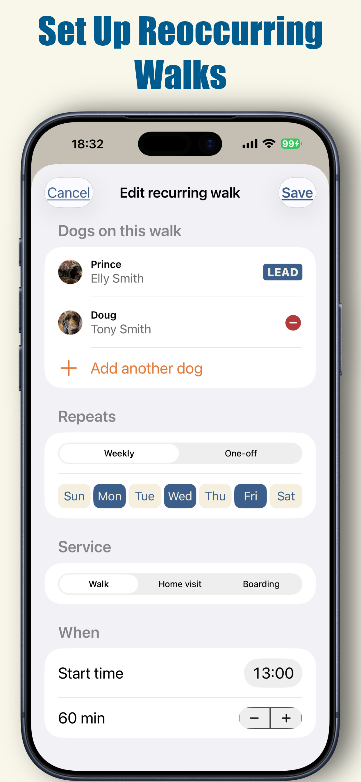 Recurring walks with weekly schedule and lead dog