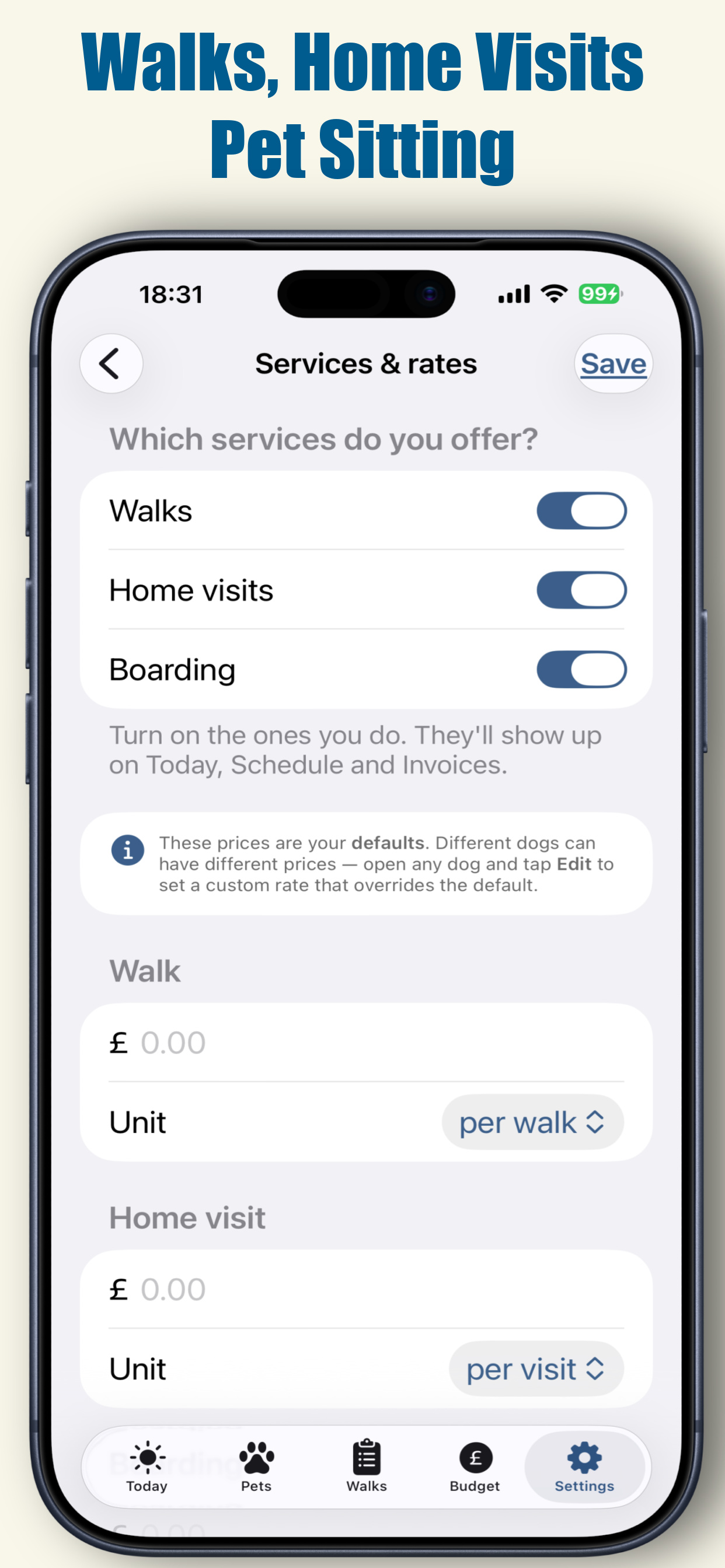Services and rates — walks, home visits, boarding