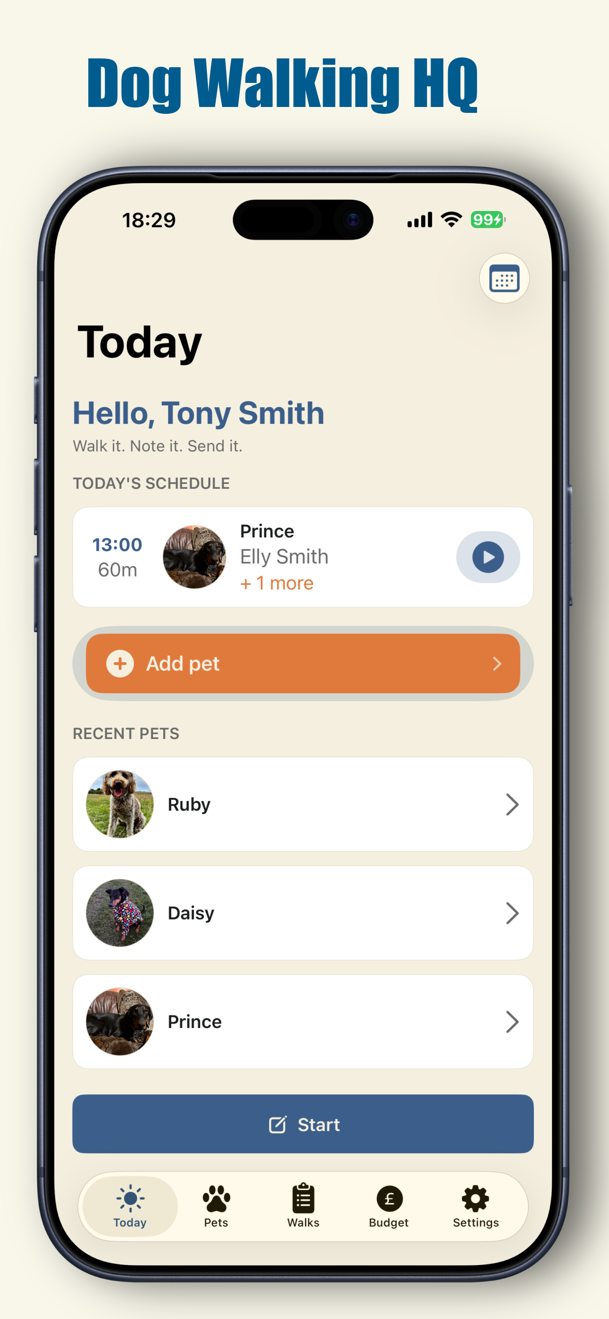 Today screen with schedule and recent pets